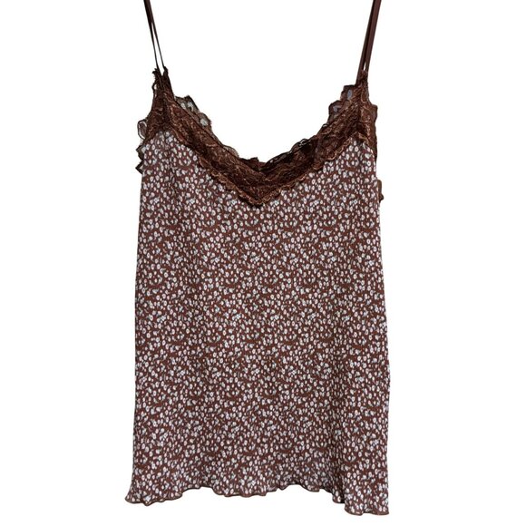 Everleigh Brown Floral Crinkle Mini Accordion Pleat Lace Cami Tank Top SZ M NEW - Picture 1 of 6